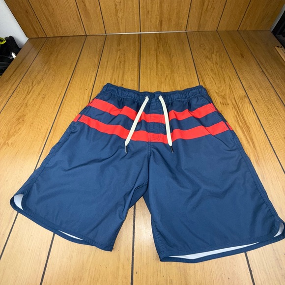 Fair Harbor Men's Swim Trunks Medium Blue Red Striped Elastic Waist Drawstring - Picture 1 of 14